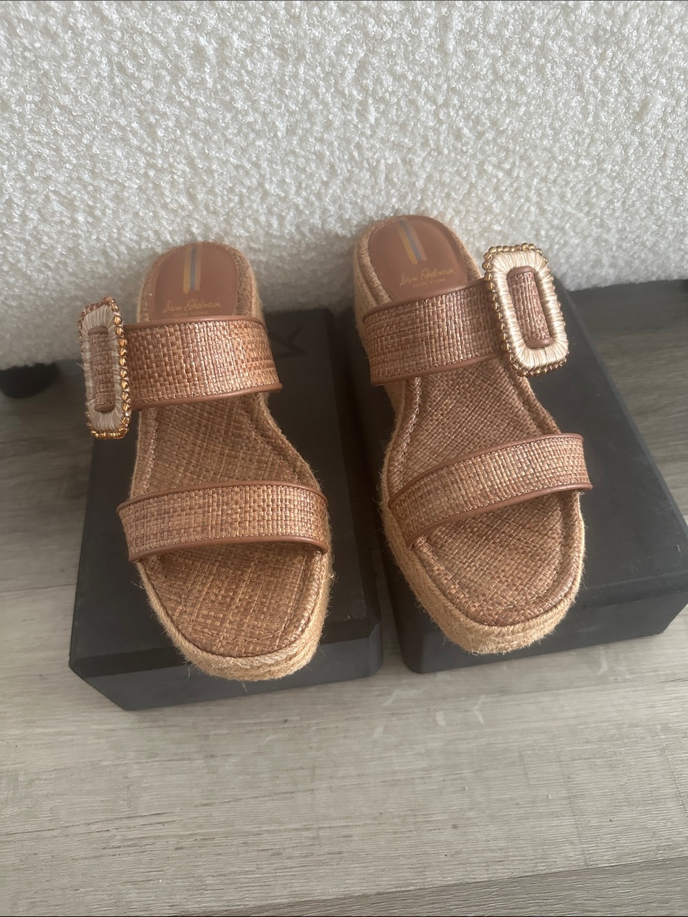 Sam Edelman Woven Metallic Tan Slide Mules with Buckle